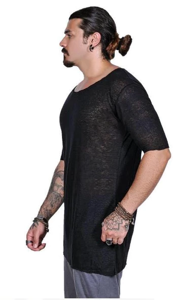 Capotrio Erkek Kısa Kol Uzun Keten T-Shirt Siyah - 2