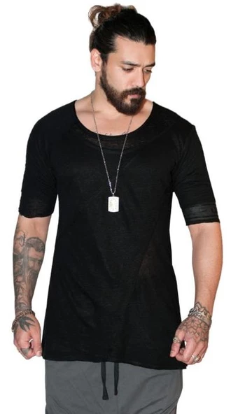 Capotrio Erkek Özel Tasarım Uzun Keten T-Shirt