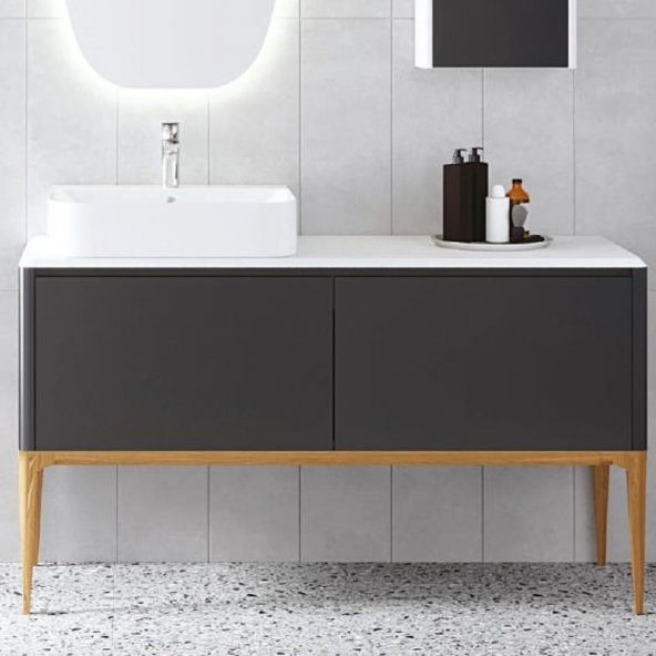 Denko Selanik 130 cm MDF Füme Banyo Dolabı Alt Modül ve Lavabo