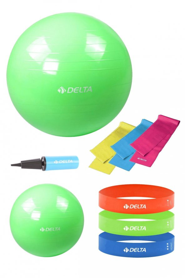 Delta 65-20 cm Pilates Topu 3'lü Pilates Bandı 3'lü Squat Bandı Direnç Lastiği Şişirme Pompası Seti