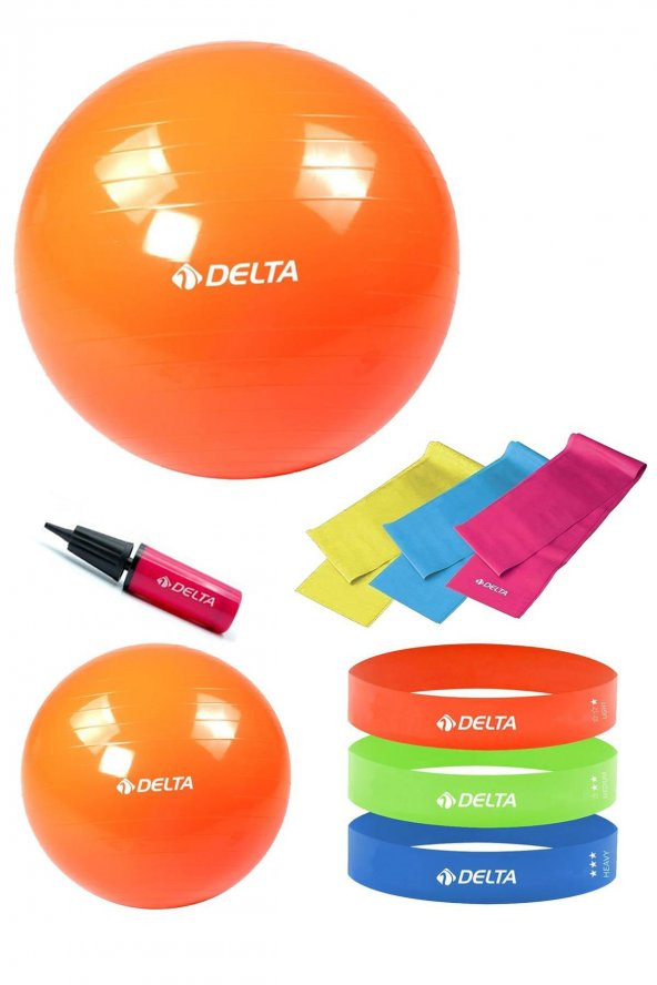 Delta 65-20 cm Pilates Topu 3'lü Pilates Bandı 3'lü Squat Bandı Direnç Lastiği Şişirme Pompası Seti - 1