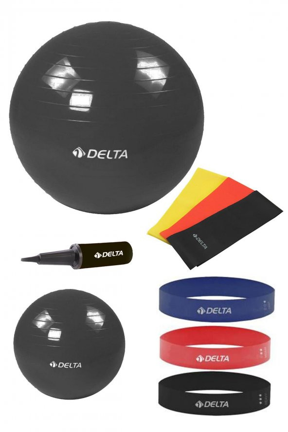Delta 65-20 cm Pilates Topu 3'lü Pilates Bandı 3'lü Squat Bandı Direnç Lastiği Şişirme Pompası Seti - 1