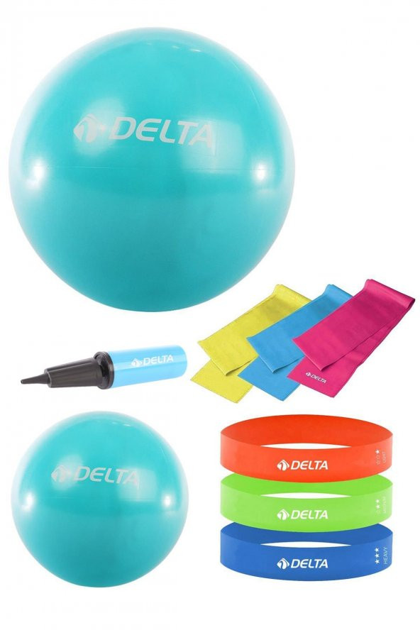 Delta 65-25 cm Pilates Topu 3'lü Pilates Bandı 3'lü Squat Bandı Direnç Lastiği Şişirme Pompası Seti - 1