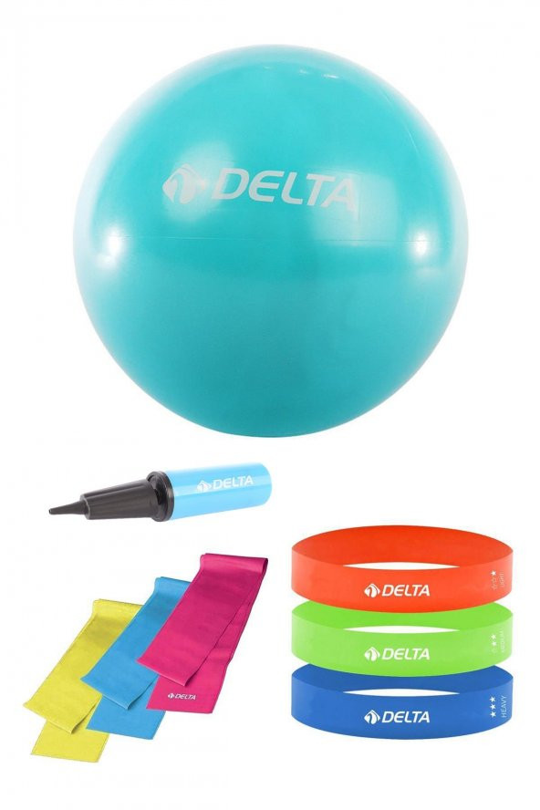 Delta 65 cm Pilates Topu 3'lü Pilates Bandı 3'lü Squat Bandı Direnç Lastiği Şişirme Pompası Seti - 1