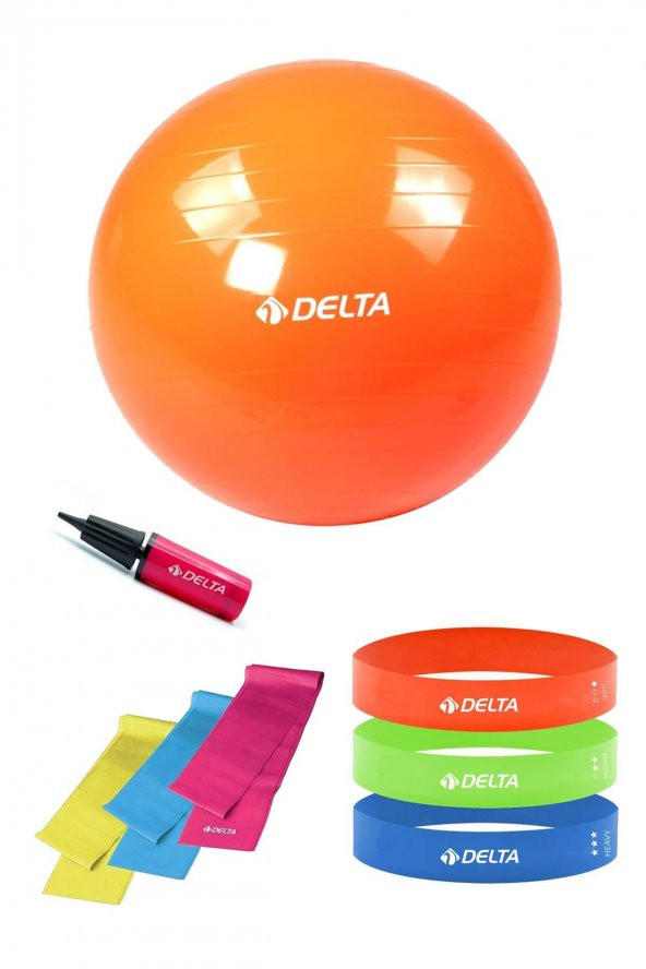 Delta 65 cm Pilates Topu 3'lü Pilates Bandı 3'lü Squat Bandı Direnç Lastiği Şişirme Pompası Seti - 1