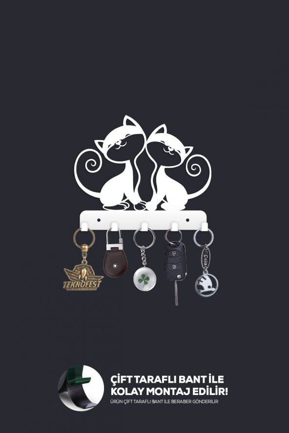 Metal Dekoratif Kedi Desenli Anahtarlık Askısı - 2