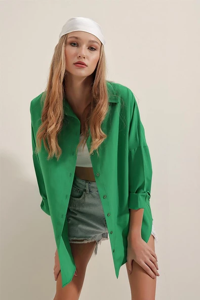Kadın Oversize Gömlek Yeşil - 5