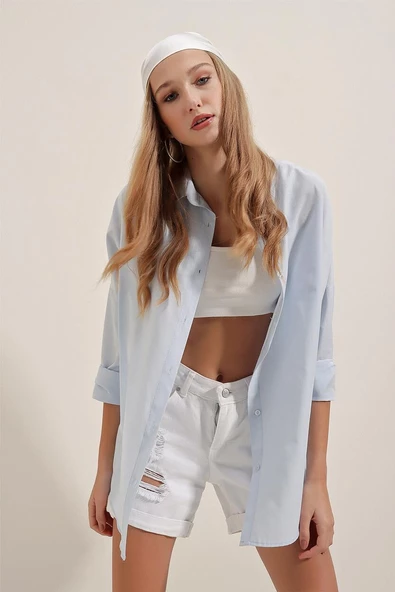 Kadın Oversize Gömlek Açık Mavi - 4