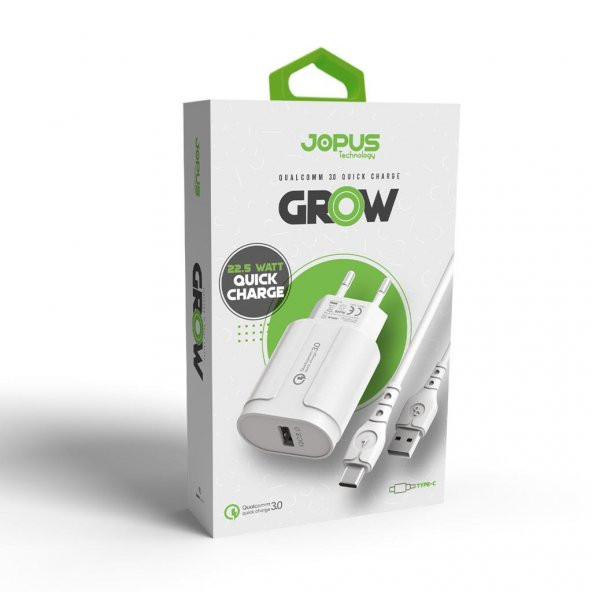 JOPUS Type C Sarj Seti Qualcom 22.5 Watt Grow JO-QU01 2in1 Samsung-Xiaomi-Oppo-Huawei-Poco Uyumlu Beyaz