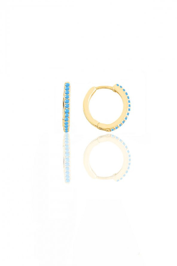 Gümüş altın yaldızlı turkuaz taşlı 12 mm halka küpe ürün görseli