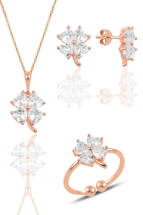 Gümüş rose zirkon taşlı yonca kolye küpe ve yüzük üçlü set
