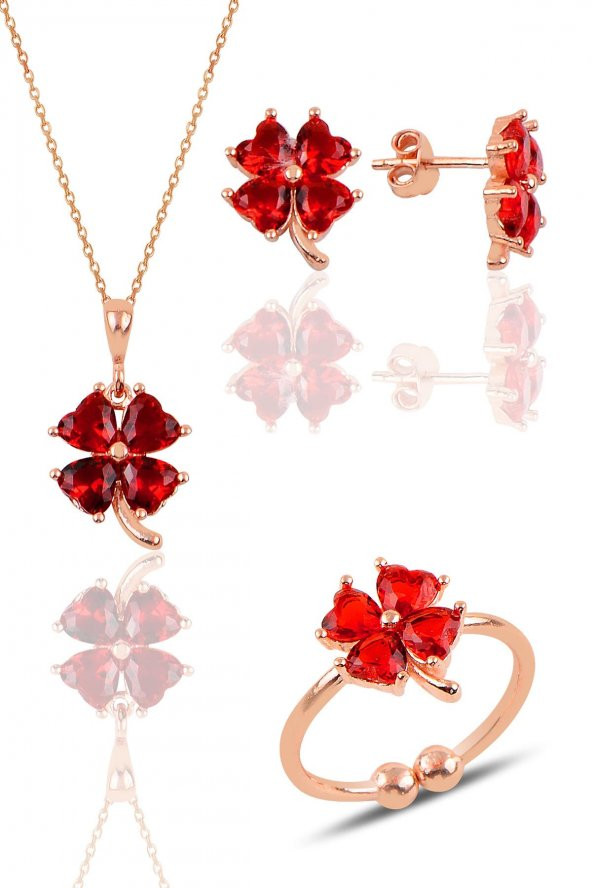 Gümüş rose kırmızı taşlı yonca kolye küpe ve yüzük üçlü set - 1