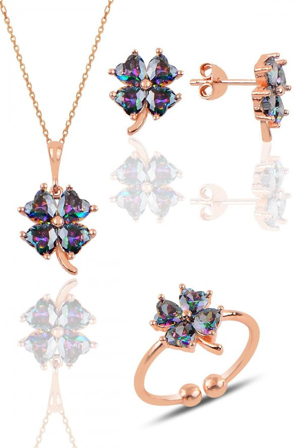 Gümüş rose mistik taşlı yonca kolye küpe ve yüzük üçlü set - 1