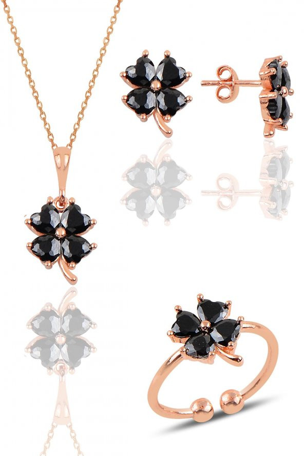 Gümüş rose onix taşlı yonca kolye küpe ve yüzük üçlü set - 1