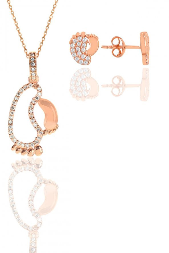 Gümüş rose zirkon taşlı ilk adım kolye ve küpe ikili set ürün görseli