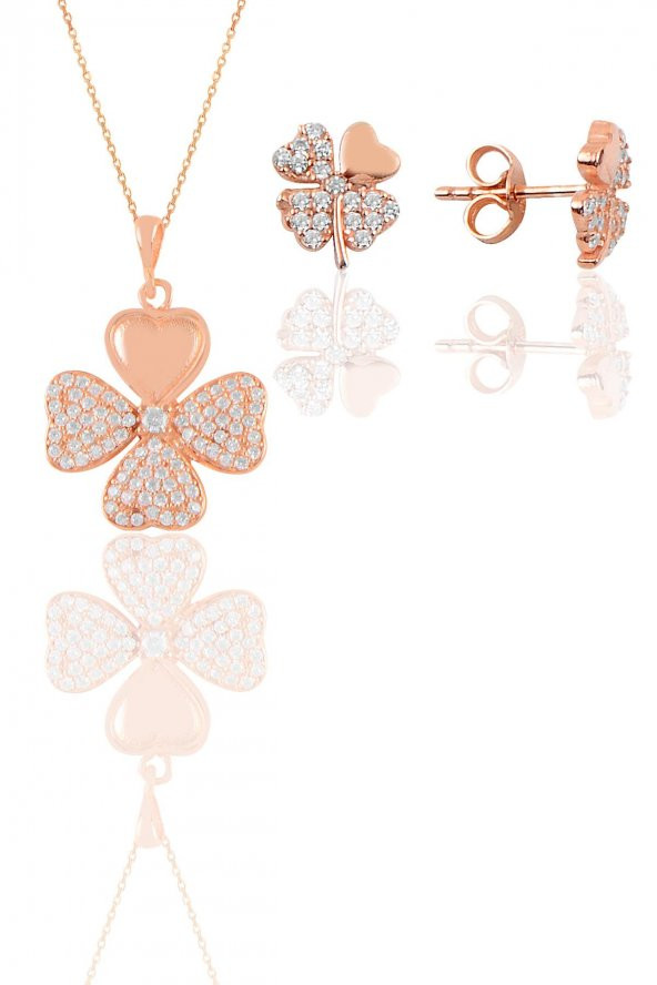Gümüş rose zirkon taşlı yonca kolye ve küpe ikili set - 1