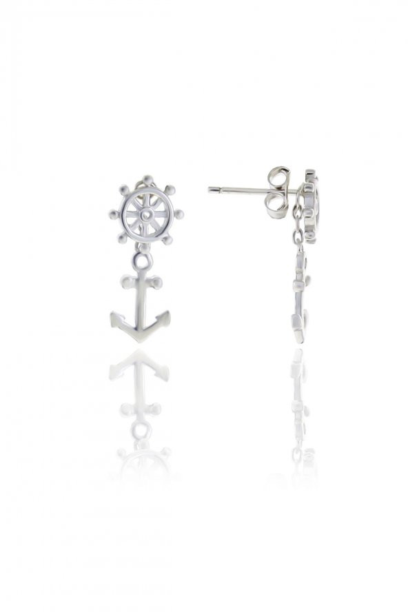 Gümüş Rodyumlu denizci dümeni kolye ve küpe ikili set - Resim 2