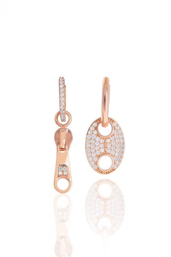 Gümüş rose zirkon taşlı fermuar ve düğme kombin küpe - 1