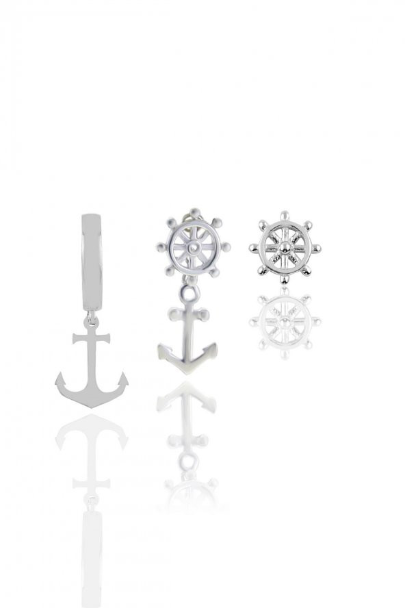 Gümüş rodyumlu denizci  kombin üçlü küpe seti