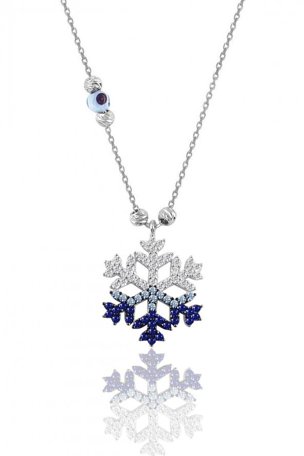 Gümüş rodyumlu zirkon taşlı  nazar boncuklu kar tanesi kolye ürün görseli 1