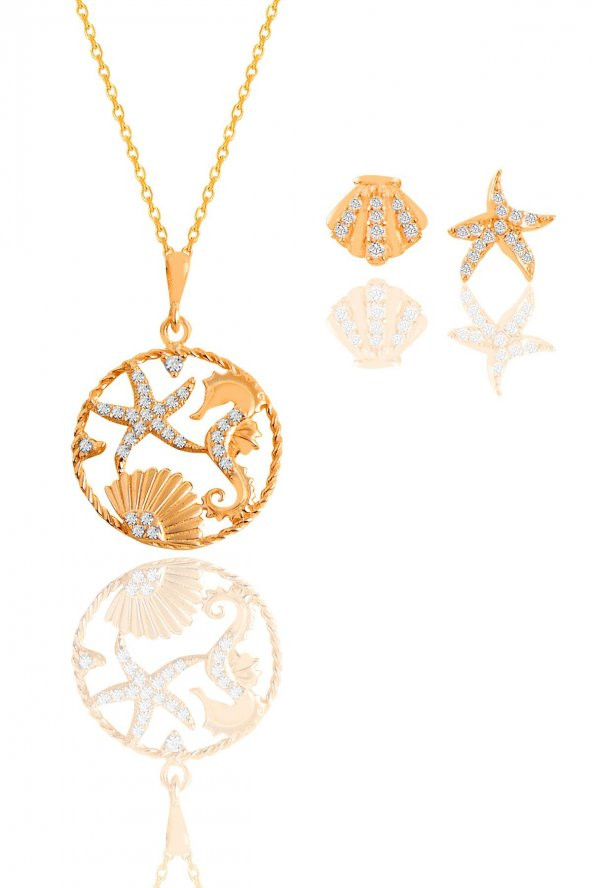 Gümüş rose zirkon taşlı deniz şans kolye ve küpe ikili set