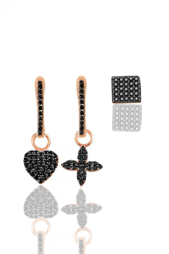 Gümüş rose siyah taşlı şans kombin küpe ürün görseli