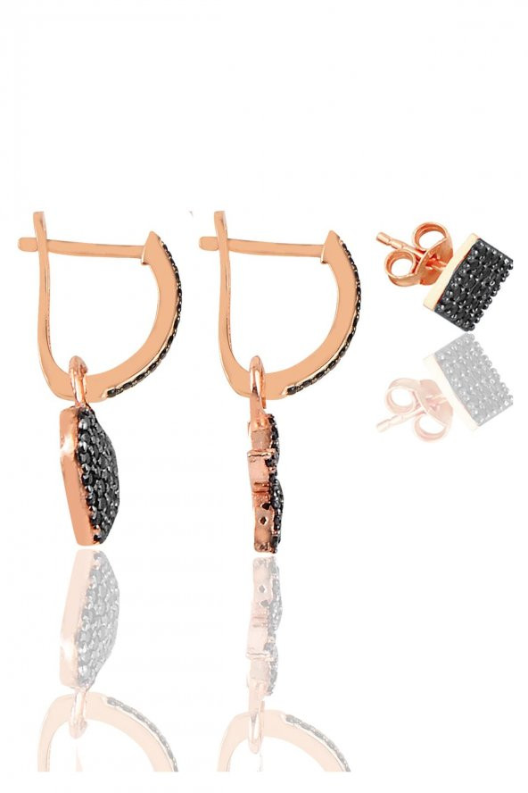 Gümüş rose siyah taşlı şans kombin küpe - Resim 2