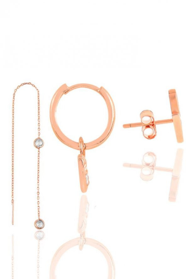 Gümüş rose zirkon taşlı kombin üçlü küpe seti - 2