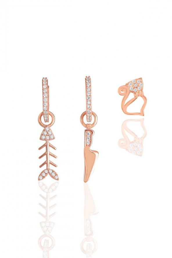 Gümüş rose zirkon taşlı balık kombin üçlü küpe seti - 1