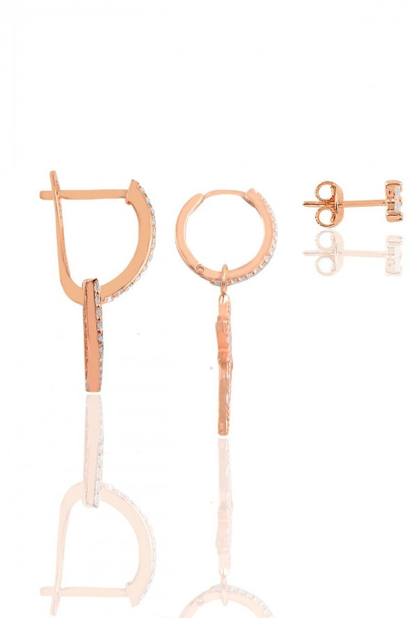 Gümüş rose zirkon taşlı kombin üçlü küpe seti - 2