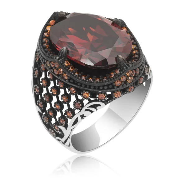 Kırmızı Faset Kesim 925 Gümüş Erkek Yüzük - Resim 5