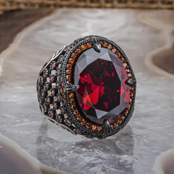 Kırmızı Faset Kesim 925 Gümüş Erkek Yüzük - Resim 4