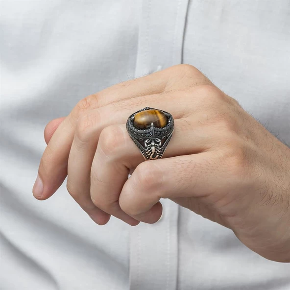 Kaplan Gözü Taşlı Akrep Figürlü 925 Gümüş Erkek Yüzük - 4