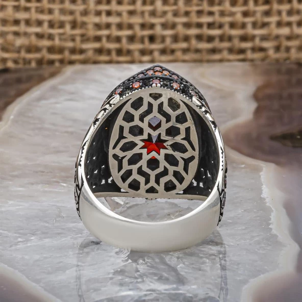 Kırmızı Faset Kesim 925 Gümüş Erkek Yüzük - Resim 8