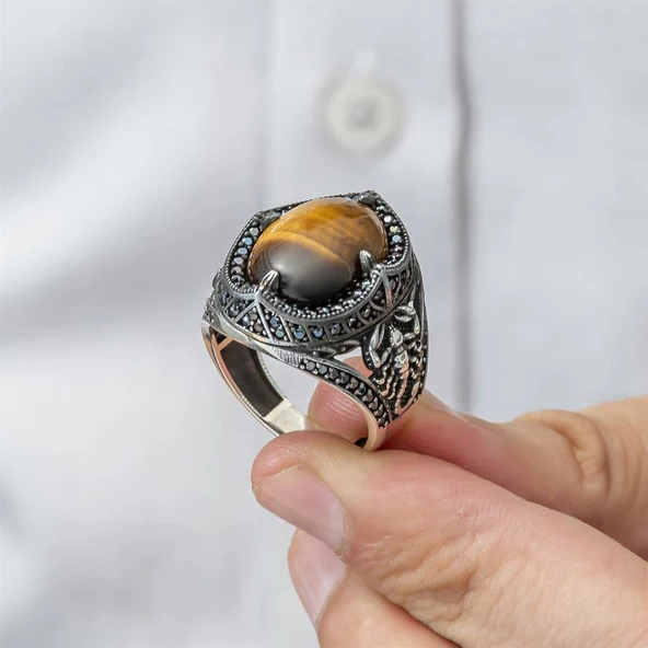 Kaplan Gözü Taşlı Akrep Figürlü 925 Gümüş Erkek Yüzük - 7