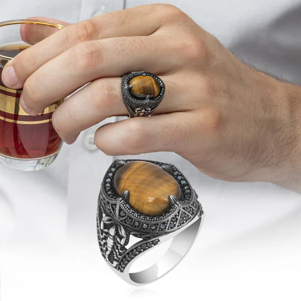 Kaplan Gözü Taşlı Akrep Figürlü 925 Gümüş Erkek Yüzük - 10