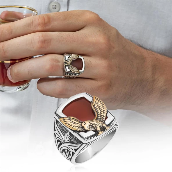 Kartal Motifli Kare Kırmızı Akik Taşlı 925 Gümüş Erkek Yüzük ürün görseli 1