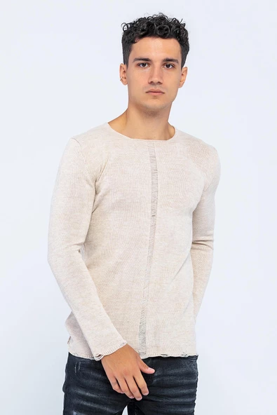 Erkek Bisiklet Yaka Yırtık Detaylı Kalın Triko Kazak - 4