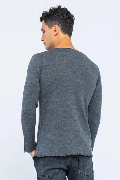Erkek Bisiklet Yaka Yırtık Detaylı Kalın Triko Kazak - 11