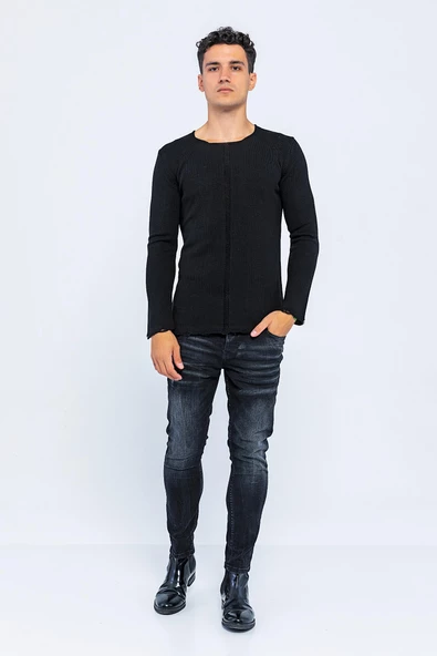 Erkek Bisiklet Yaka Yırtık Detaylı Kalın Triko Kazak - 7