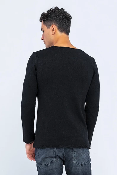 Erkek Bisiklet Yaka Yırtık Detaylı Kalın Triko Kazak - 9