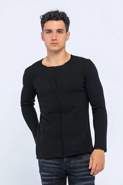 Erkek Bisiklet Yaka Yırtık Detaylı Kalın Triko Kazak - 8