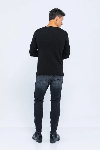 Erkek Bisiklet Yaka Yırtık Detaylı Kalın Triko Kazak - 10