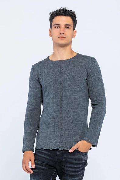 Erkek Bisiklet Yaka Yırtık Detaylı Kalın Triko Kazak - 3