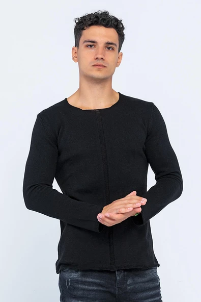 Erkek Bisiklet Yaka Yırtık Detaylı Kalın Triko Kazak - 6