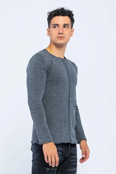 Erkek Bisiklet Yaka Yırtık Detaylı Kalın Triko Kazak - 12