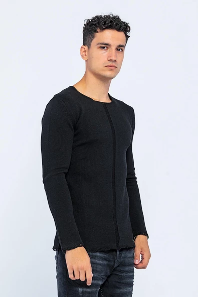 Erkek Bisiklet Yaka Yırtık Detaylı Kalın Triko Kazak - 5