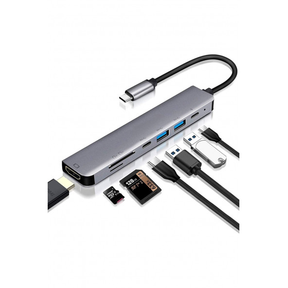 Metal Aleminyum Kasa 7 In 1 Sd Usb Type-c Hub Hdmı Girişli Macbook Dell Huawei Çevirici Çoklayıcı LNG/7IN1/USBC
