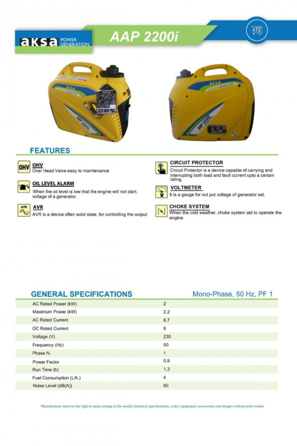Aksa Jeneratör Aap 2200i Benzinli 2.2 Kva Sessiz Invertörlü Çanta Tip Jeneratör - 2