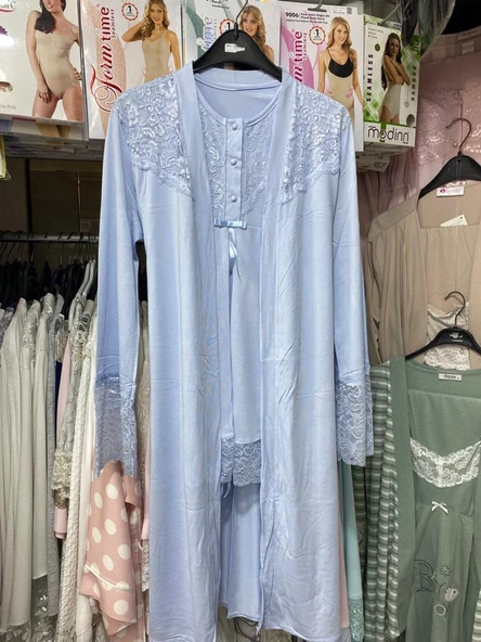 Nehirsel  3022 Mavi Hamile Lohusa 3 Lü Pijama Sabahlık Tk - 5